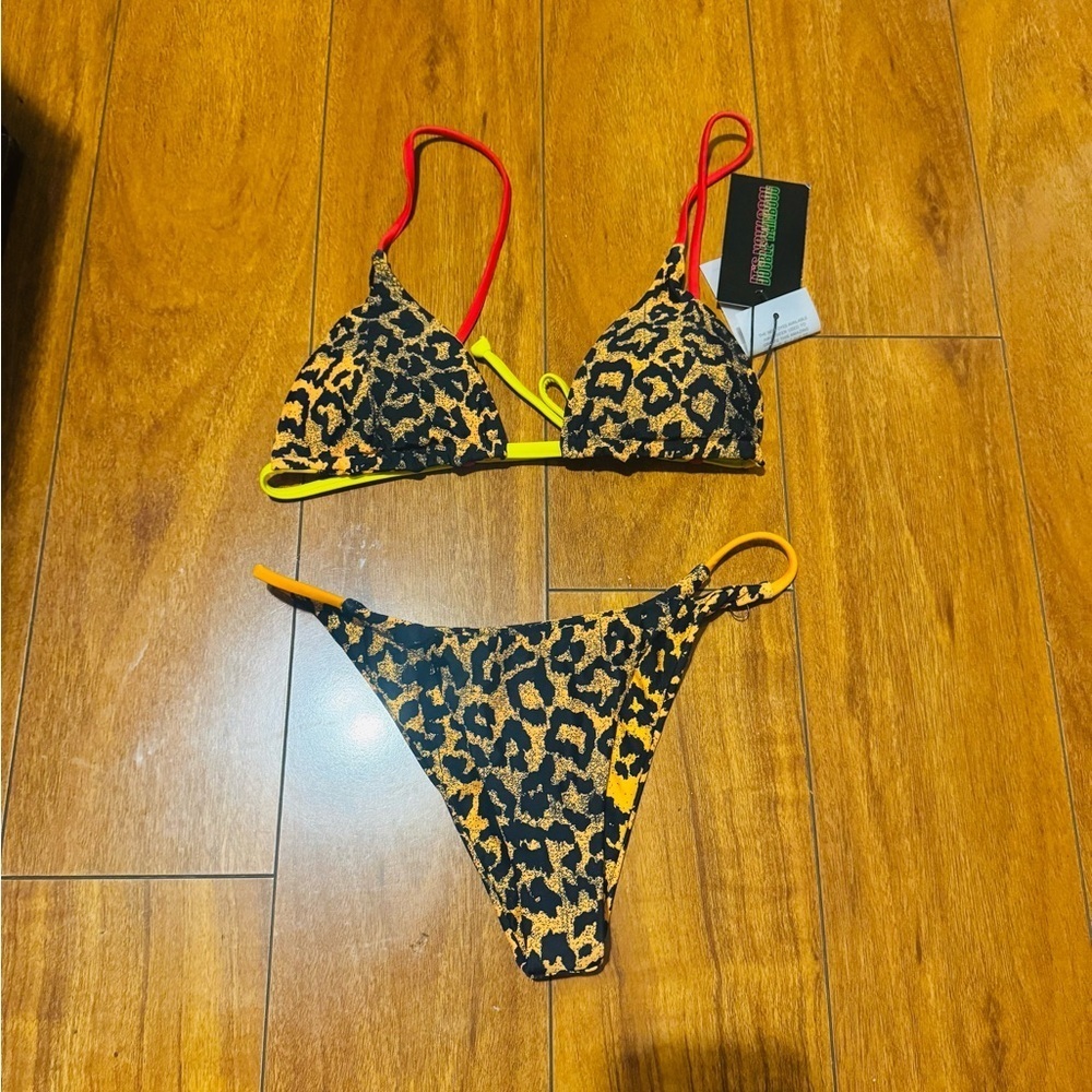 Leopard Print Triangle Bikini Set with Color-Block Straps - Black/Orange/Red